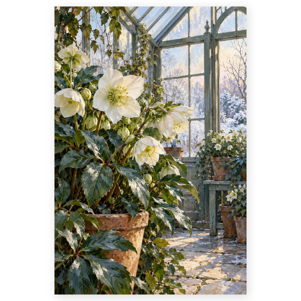 White Hellebore Greenhouse paint by numbers artwork on a front-facing canvas against a white background.