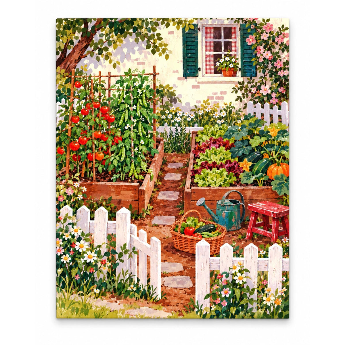 White Picket Cottage Vegetable Garden artwork on a front-facing frameless canvas against a white background.