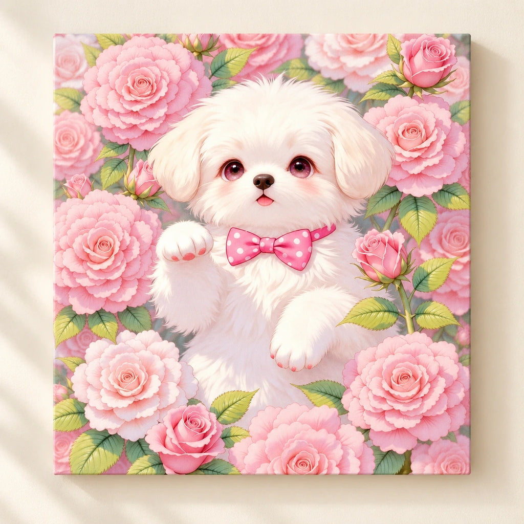 White Poodle Pink Rose Garden paint by numbers artwork on a front-facing canvas against a white background