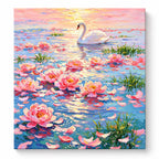 White Swan on Pastel Lotus Pond paint by numbers artwork on a front-facing canvas against a white background