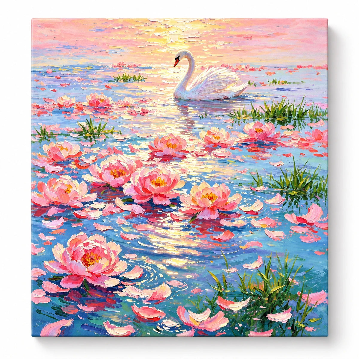 White Swan on Pastel Lotus Pond paint by numbers artwork on a front-facing canvas against a white background