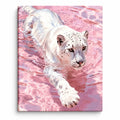 White Tiger in Pink Water paint by numbers artwork on a front-facing canvas against a white background