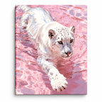 White Tiger in Pink Water paint by numbers artwork on a front-facing canvas against a white background