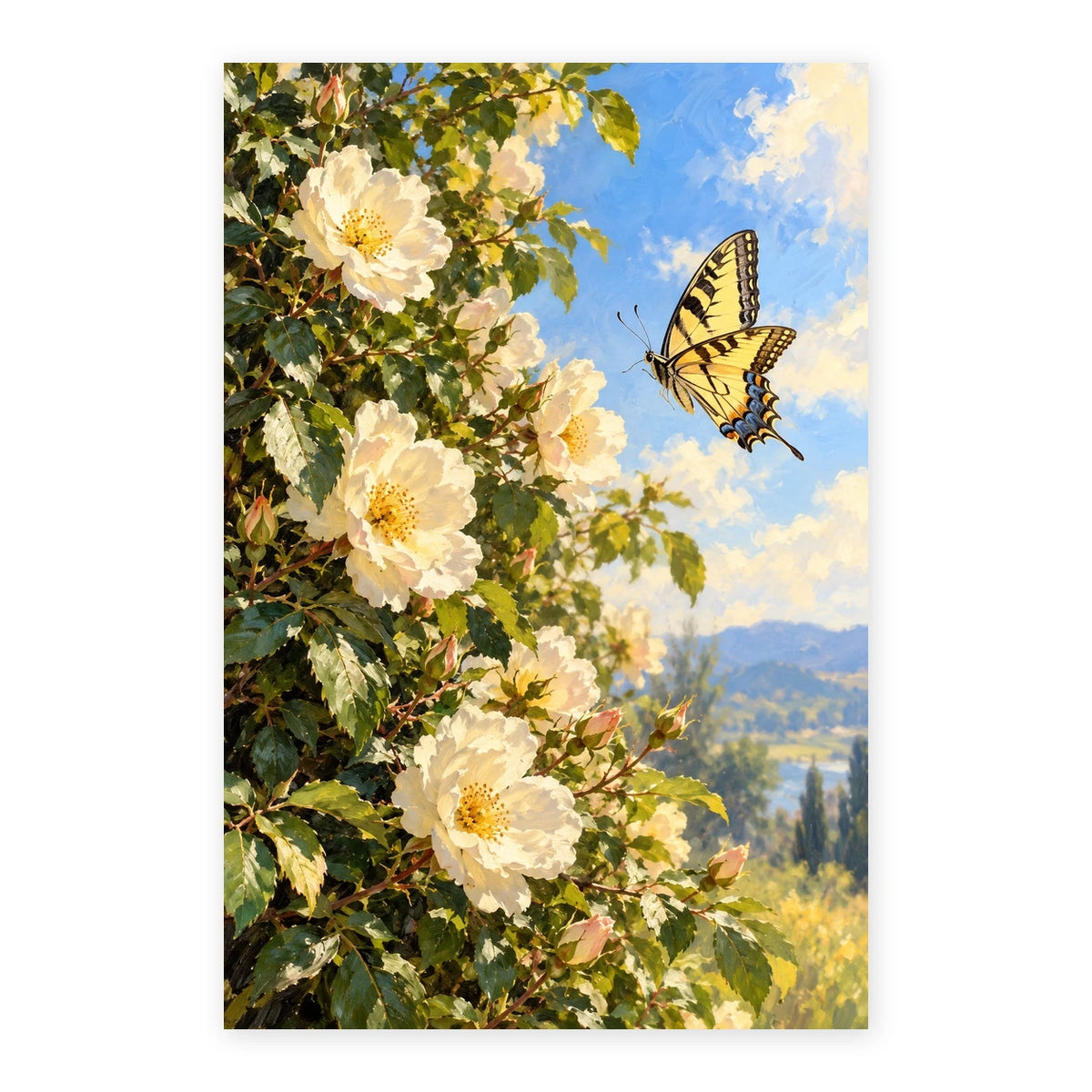 Wild roses and a yellow butterfly paint by numbers canvas shown in full on a white background.