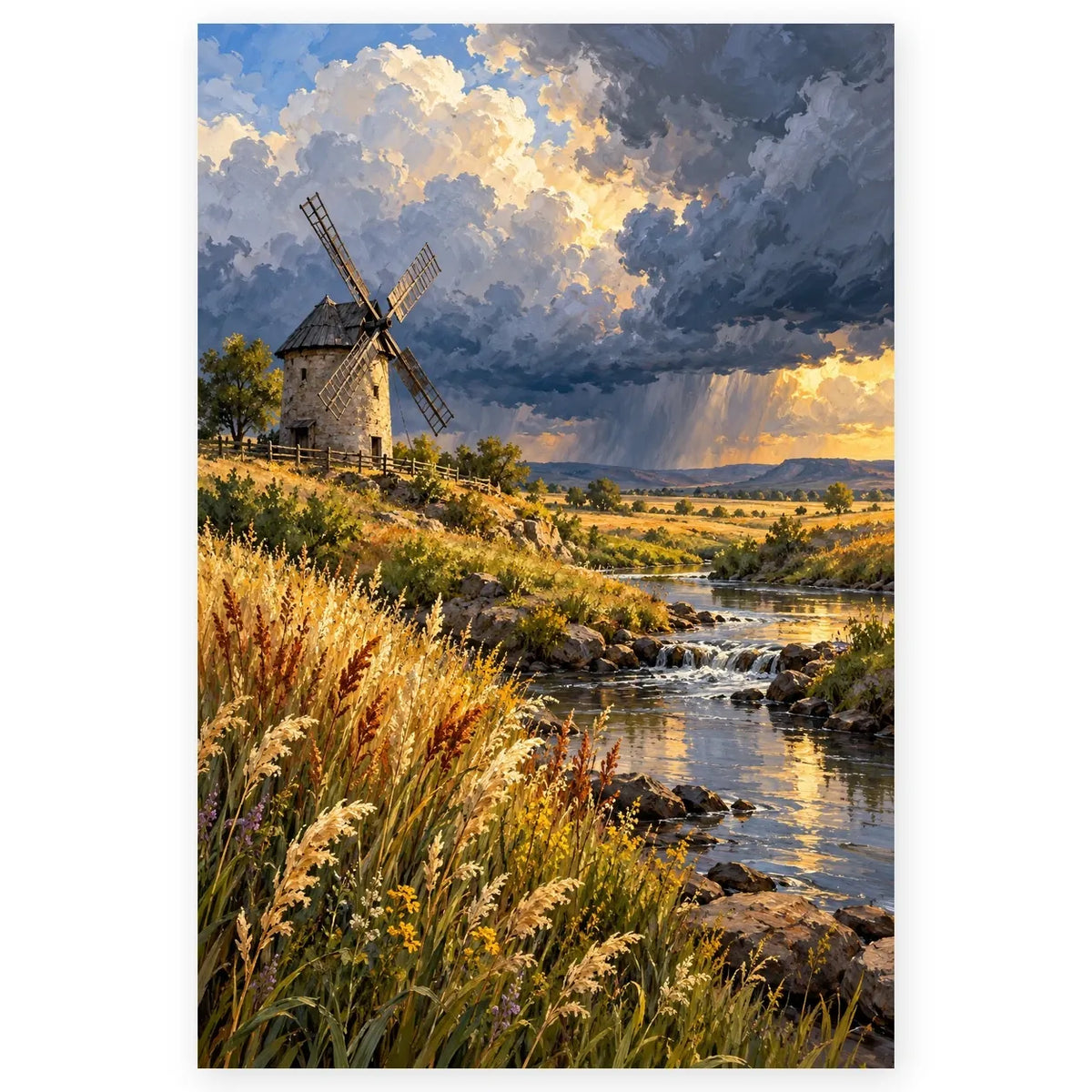 Full windmill prairie river cloudbank paint by numbers artwork on a clean white background.