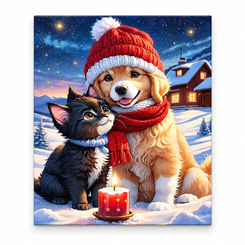 Winter Companions by Candlelight paint by numbers artwork on a front-facing canvas against a white background