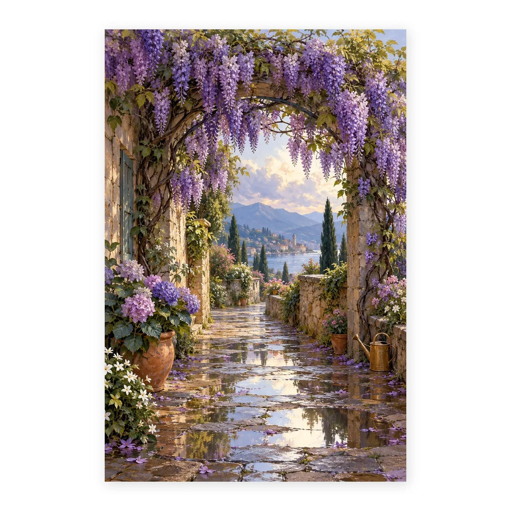 wisteria arch after rain paint by numbers artwork on a front-facing canvas against a white background