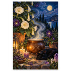 A copper cauldron steams among moonlit white flowers and purple herbs while a black cat rests beside glowing candles. Full original portrait artwork on a clean white background with a subtle soft shadow and original proportions preserved.
