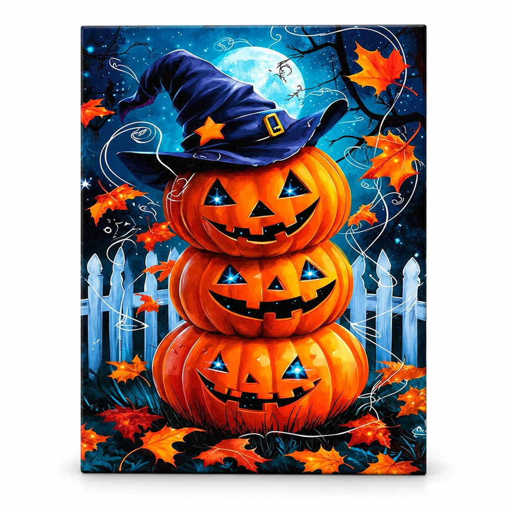 Witching Hour Pumpkins paint by numbers artwork on a front-facing canvas against a white background