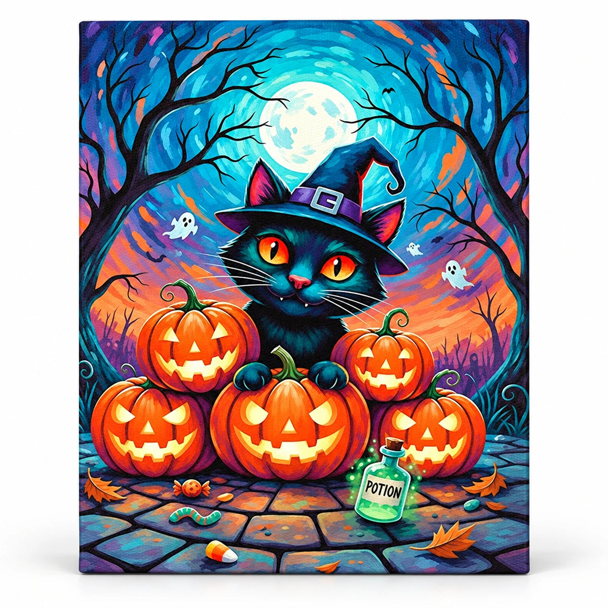 Witching Hour Whiskers Black Cat paint by numbers artwork on a front-facing canvas against a white background