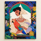 Woman With Parrot Floral Arch paint by numbers artwork on a front-facing canvas against a white background