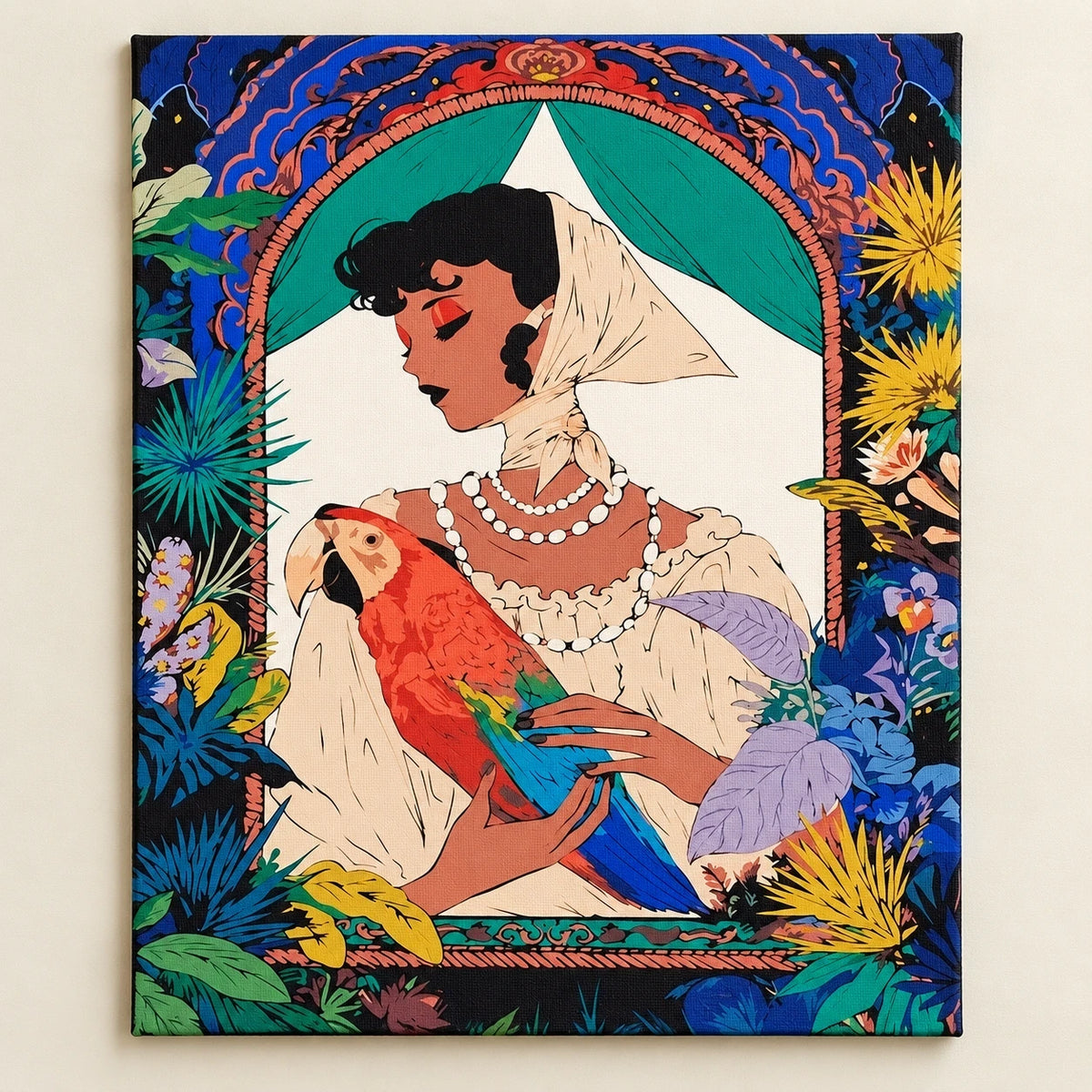 Woman With Parrot Floral Arch paint by numbers artwork on a front-facing canvas against a white background