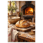 `01-wood-fired-oven-sourdough-bread-hero.webp` — Complete portrait paint by numbers artwork of a rustic bakery with glowing wood-fired oven and sourdough loaf, centered on white with a soft shadow.