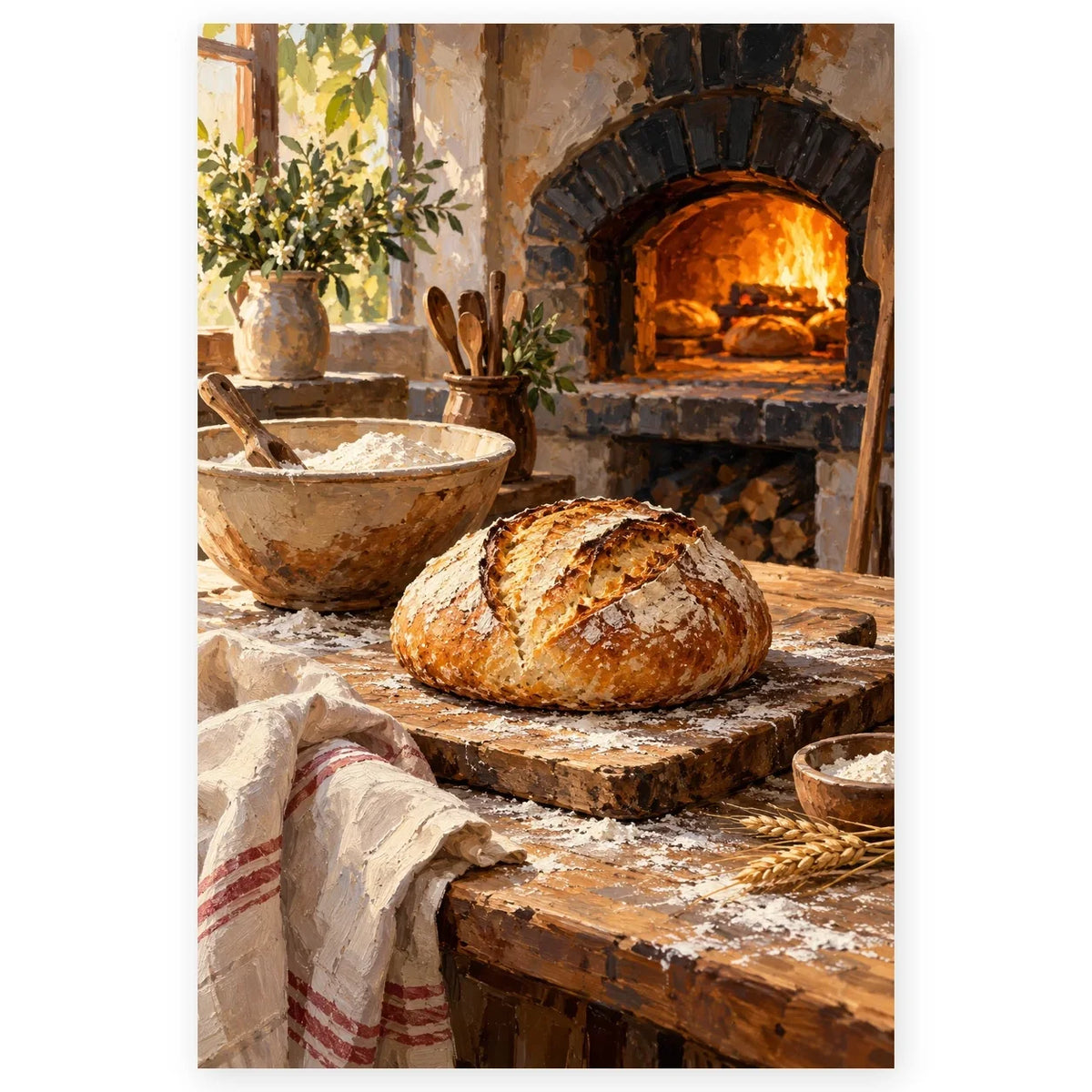 `01-wood-fired-oven-sourdough-bread-hero.webp` — Complete portrait paint by numbers artwork of a rustic bakery with glowing wood-fired oven and sourdough loaf, centered on white with a soft shadow.