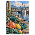 Full working harbor net mending paint by numbers artwork on a clean white background.