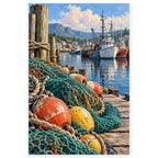 Full working harbor net mending paint by numbers artwork on a clean white background.