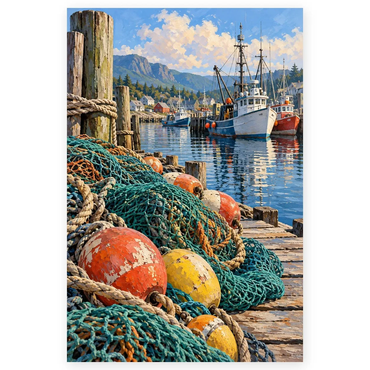 Full working harbor net mending paint by numbers artwork on a clean white background.