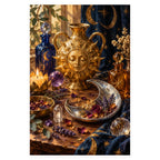 A golden sun-faced alchemical vessel, crescent moon dish, potion bottles, candles, and crystals form a mystical still life. Complete original artwork centered on a white square with original proportions preserved.