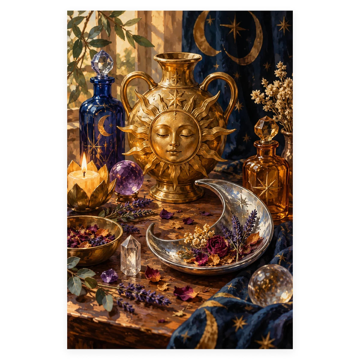 A golden sun-faced alchemical vessel, crescent moon dish, potion bottles, candles, and crystals form a mystical still life. Complete original artwork centered on a white square with original proportions preserved.
