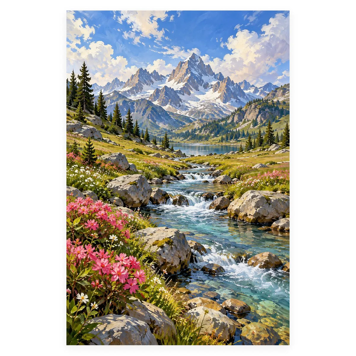 Alpine Meadow Stream Stones completed artwork on a clean white background