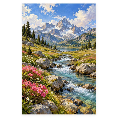 Alpine Meadow Stream Stones completed artwork on a clean white background