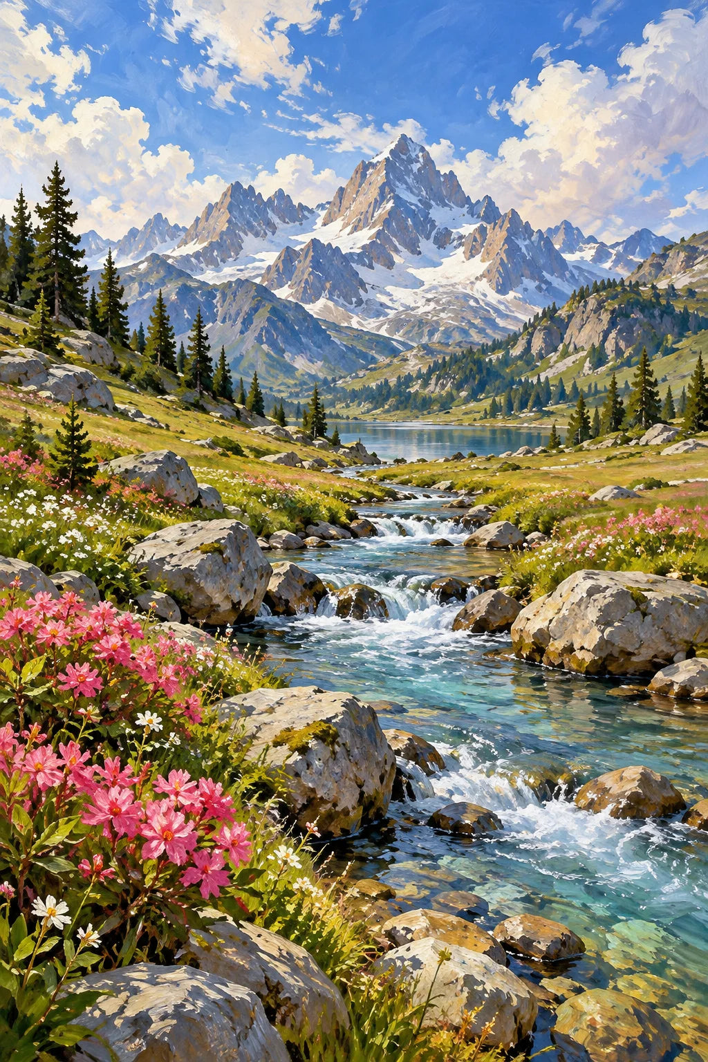 Alpine Meadow Stream Stones completed artwork on a clean white background