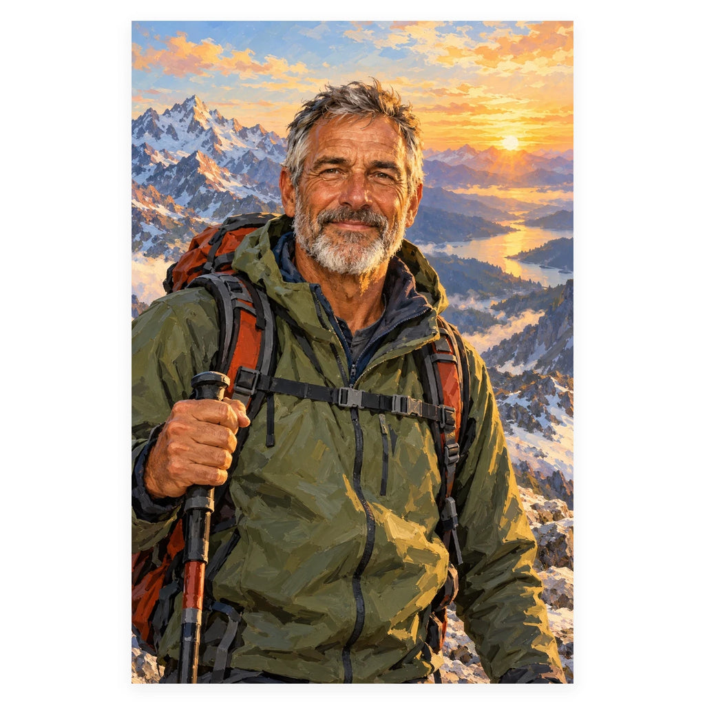 A gray-haired male mountaineer in an olive jacket and orange backpack stands before snowy peaks at sunrise. Complete original artwork centered on a white square with original proportions preserved.