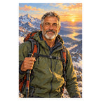 A gray-haired male mountaineer in an olive jacket and orange backpack stands before snowy peaks at sunrise. Complete original artwork centered on a white square with original proportions preserved.