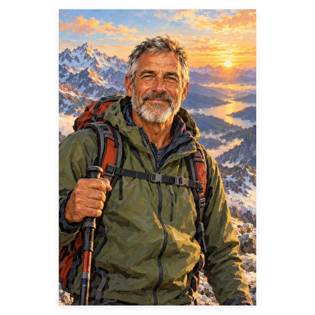 A gray-haired male mountaineer in an olive jacket and orange backpack stands before snowy peaks at sunrise. Complete original artwork centered on a white square with original proportions preserved.