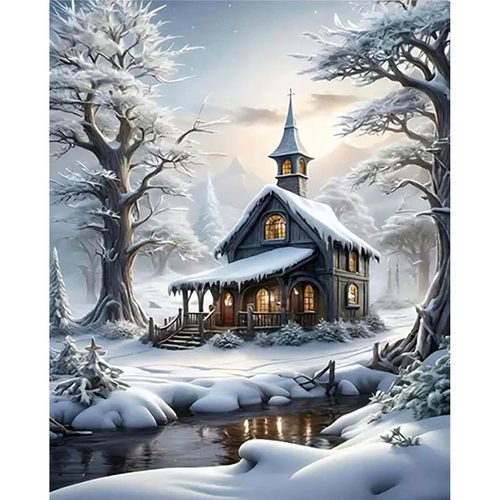 Amber Windows in Winter paint by numbers completed artwork on a clean white background