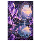 Lavender amethyst crystals line a cave opening onto a pastel sunset, mountain range, and waterfall reflected in a blue lake. Complete original artwork centered on a white square with original proportions preserved.