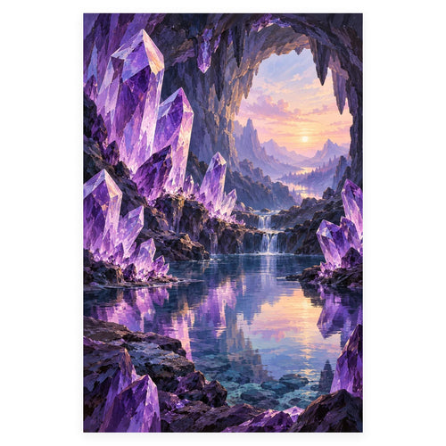 Lavender amethyst crystals line a cave opening onto a pastel sunset, mountain range, and waterfall reflected in a blue lake. Complete original artwork centered on a white square with original proportions preserved.