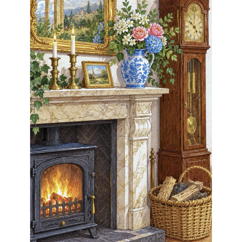Original Antique Fireplace Clock with Pink Roses and Blue Vase paint by numbers artwork.