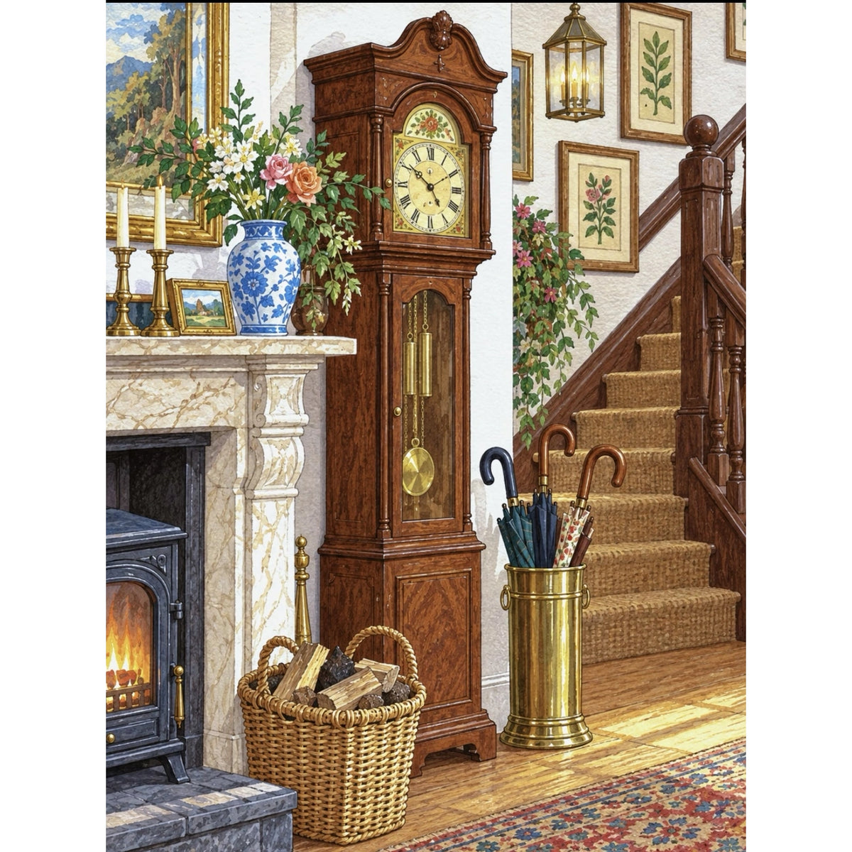 Original Antique Grandfather Clock and Staircase paint by numbers artwork.