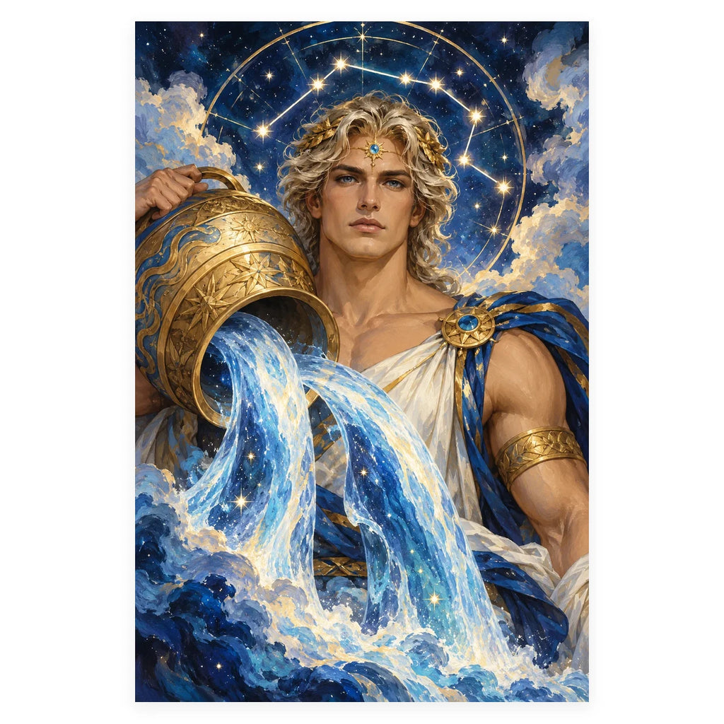 A blond Aquarius water bearer pouring a luminous, star-filled stream from an ornate golden urn. Complete original artwork centered on a white square with original proportions preserved.