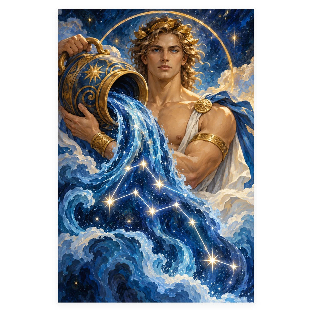 An Aquarius man pouring luminous star-filled water from a vessel into a flowing celestial stream beneath a deep blue sky. Complete original artwork centered on a white square with original proportions preserved.