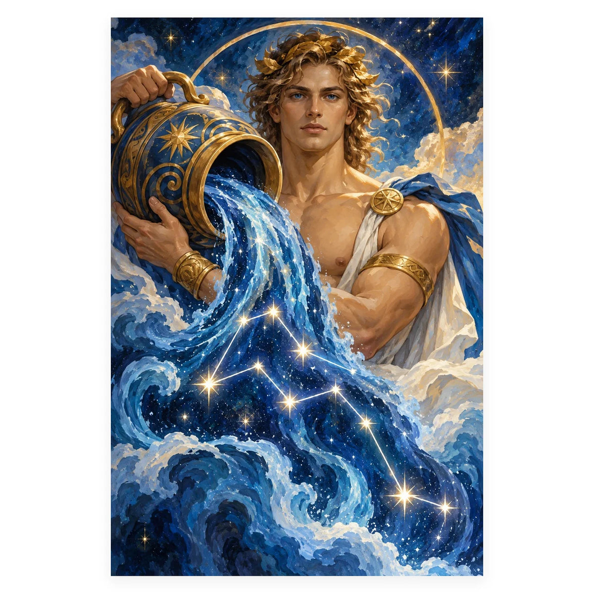 An Aquarius man pouring luminous star-filled water from a vessel into a flowing celestial stream beneath a deep blue sky. Complete original artwork centered on a white square with original proportions preserved.