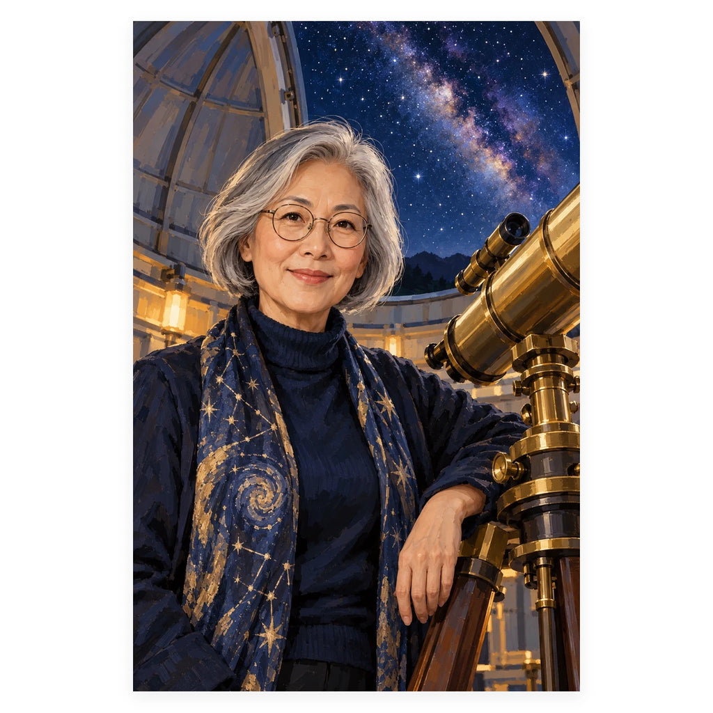 A silver-haired woman astronomer stands beside a brass telescope inside an observatory beneath the Milky Way. Complete original artwork centered on a white square with original proportions preserved.