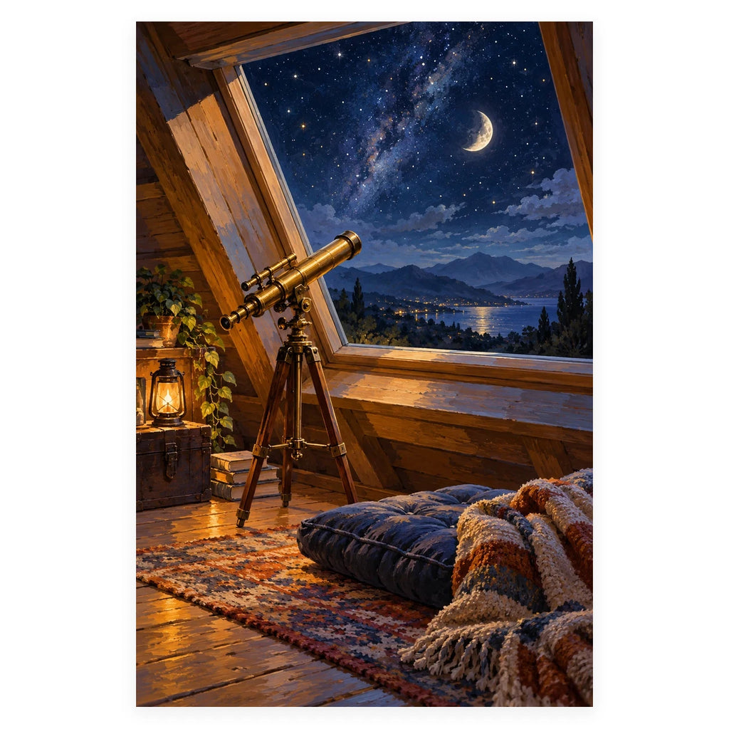 `02-attic-stargazing-telescope-original-white-background.webp` — Complete original Attic Stargazing Telescope artwork centered on a white 1:1 background with the original proportions preserved.