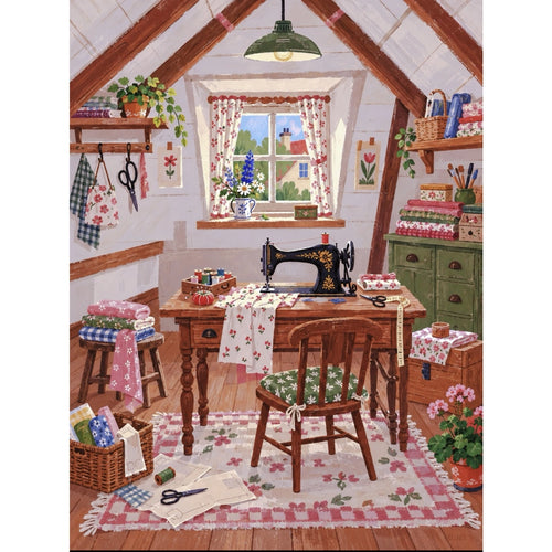 Original Attic Vintage Sewing Room completed paint by numbers artwork.