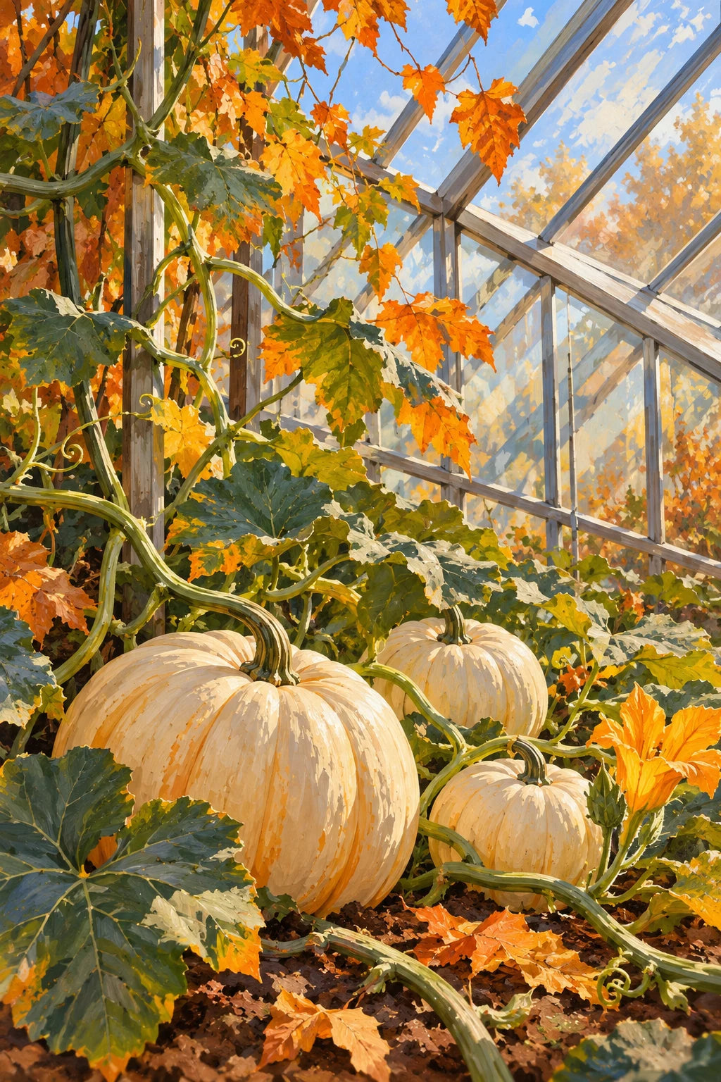 Original artwork of pale pumpkins growing beneath an autumn greenhouse roof with orange leaves.