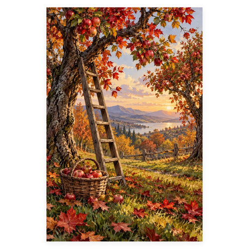 Autumn Orchard Ladder Apples Paint by Numbers Kit completed artwork on a clean white background.