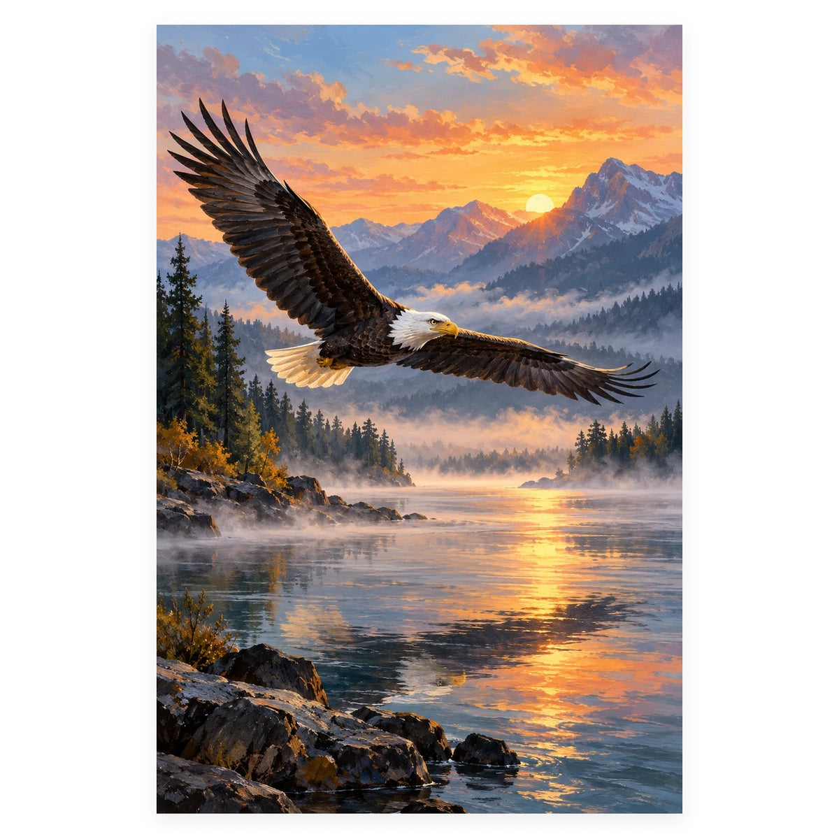 Bald Eagle over a Lake at Sunset completed artwork on a clean white background