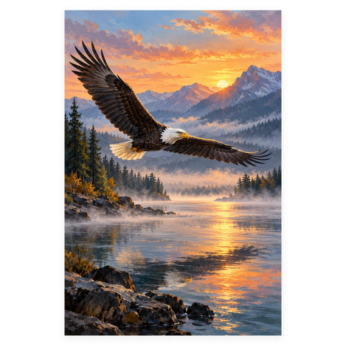 Bald Eagle over a Lake at Sunset completed artwork on a clean white background