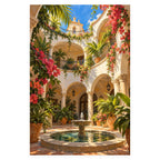 `02-barcelona-bougainvillea-courtyard-fountain-original-white-background.webp` — Full original portrait courtyard artwork with bougainvillea, palms, arches, and fountain on a white square background, preserving the original proportions.