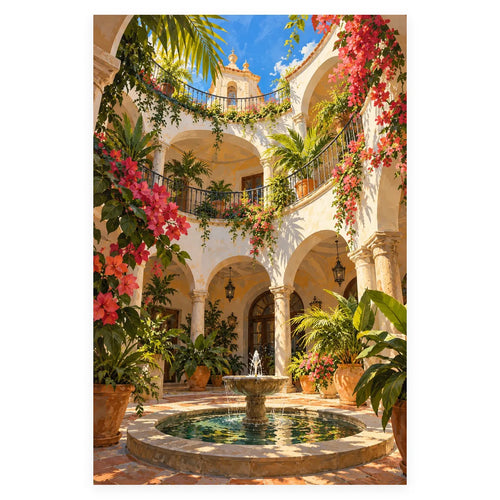 `02-barcelona-bougainvillea-courtyard-fountain-original-white-background.webp` — Full original portrait courtyard artwork with bougainvillea, palms, arches, and fountain on a white square background, preserving the original proportions.