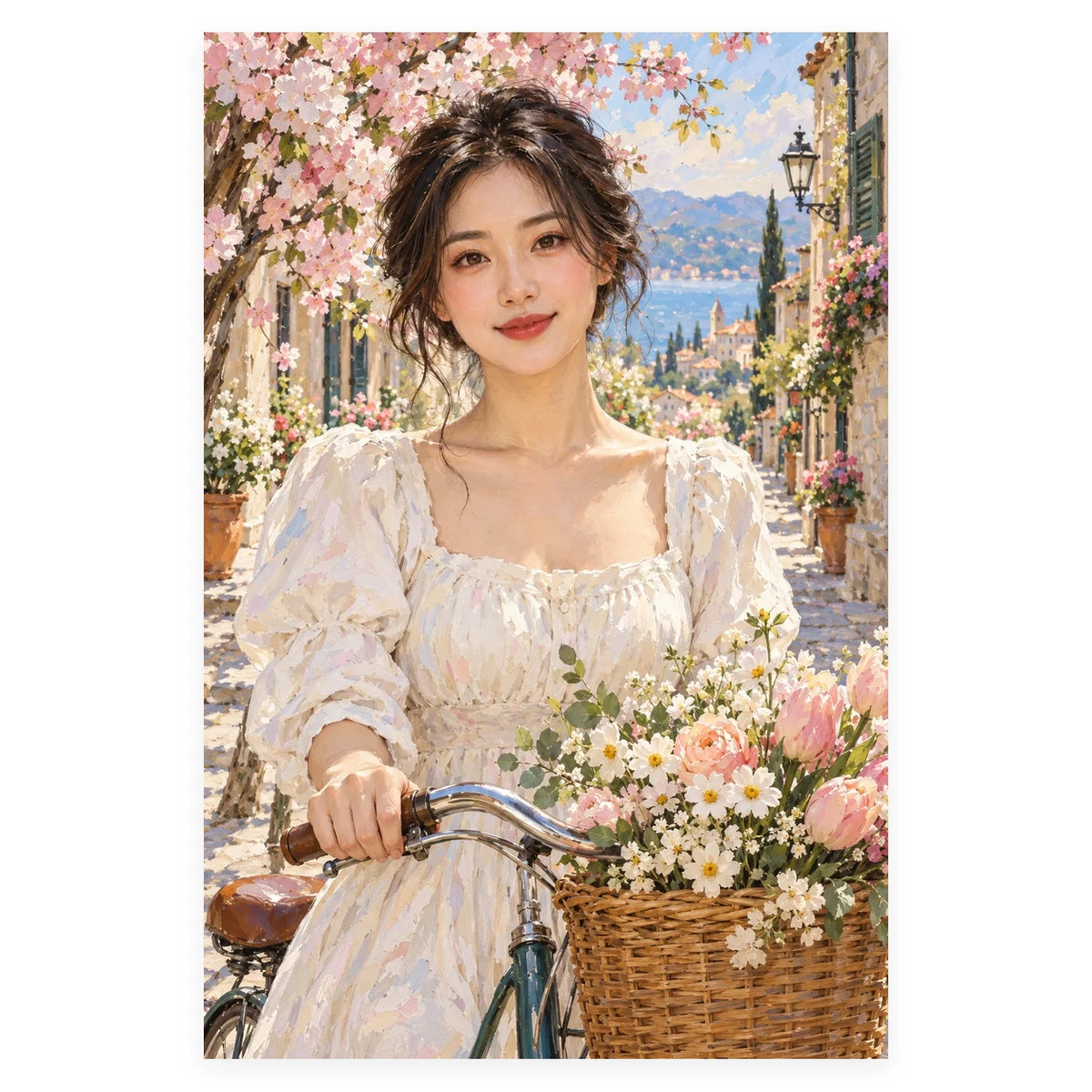 A young woman stands with her flower-basket bicycle on a spring street lined with pink cherry blossoms. Complete original artwork centered on a white square with original proportions preserved.