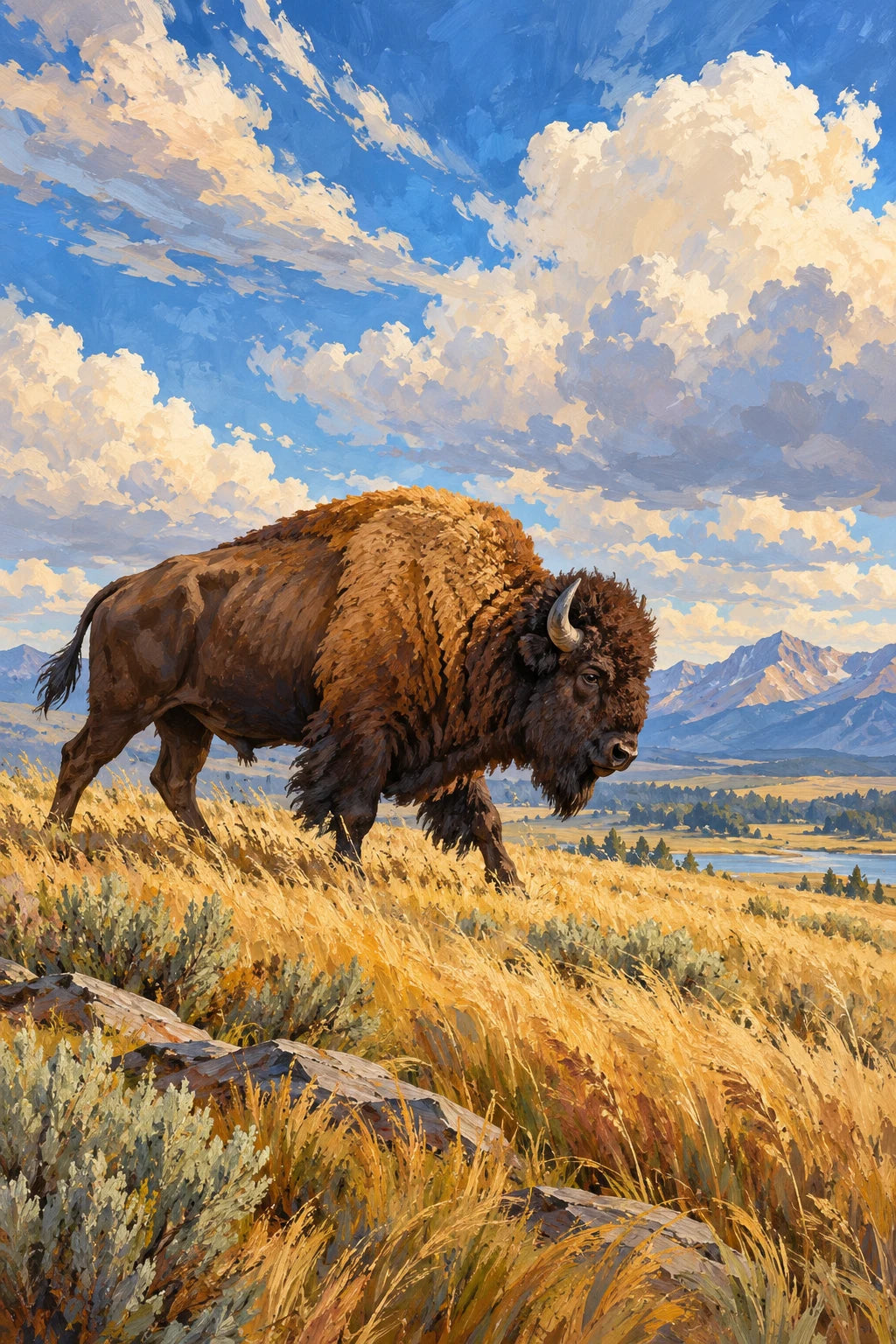 Original Bison in Snow-Free Grassland artwork for the paint by numbers kit