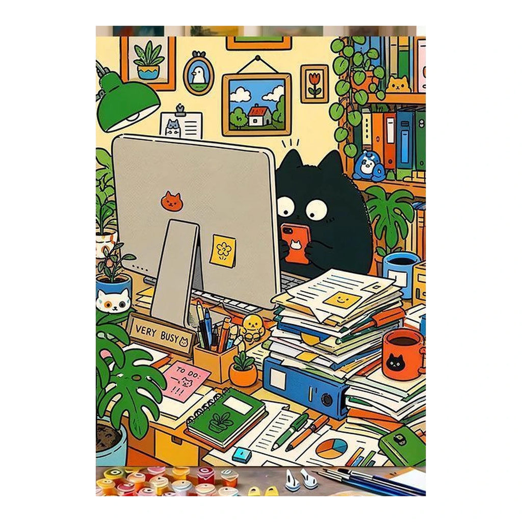 Black Cat Busy Office Desk completed artwork on a clean white background