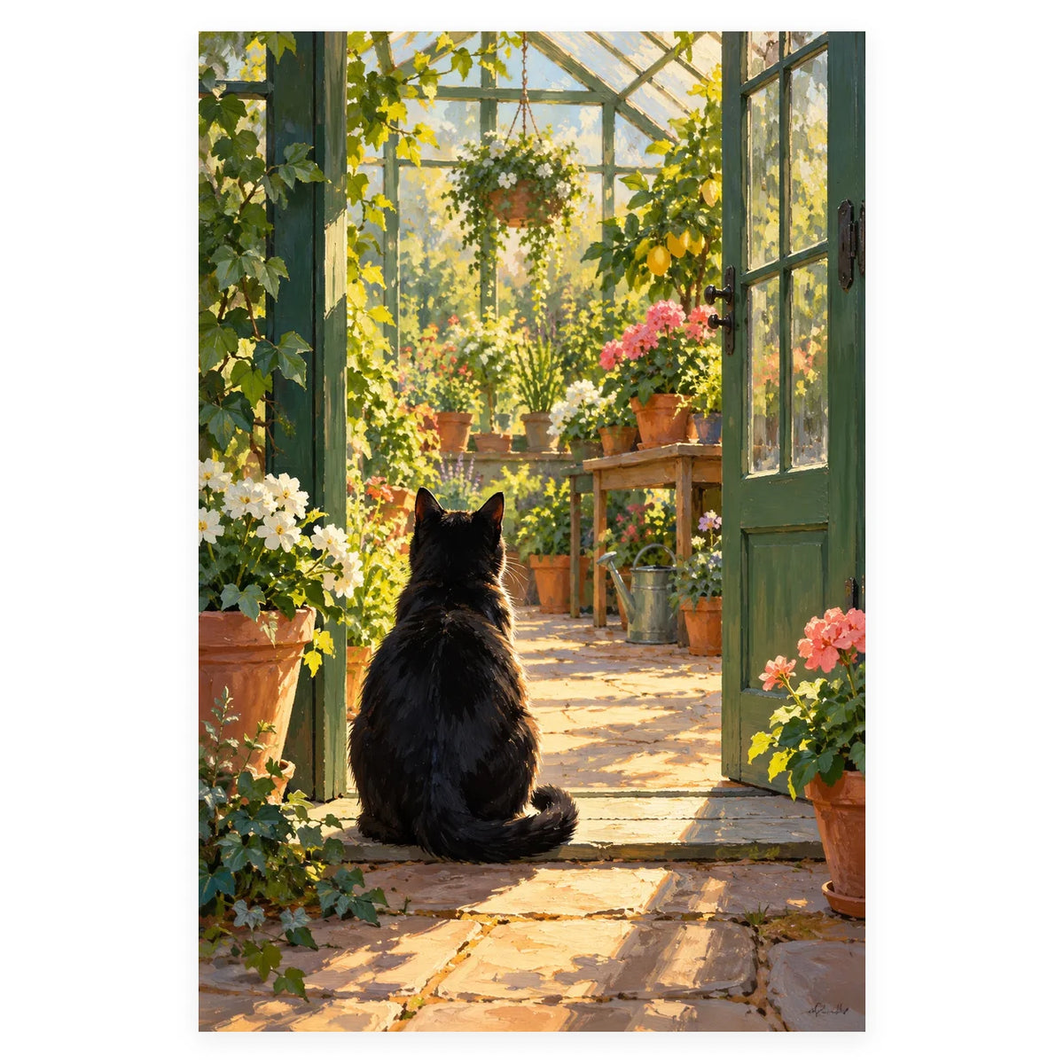 Black Cat In Greenhouse Door completed artwork on a clean white background